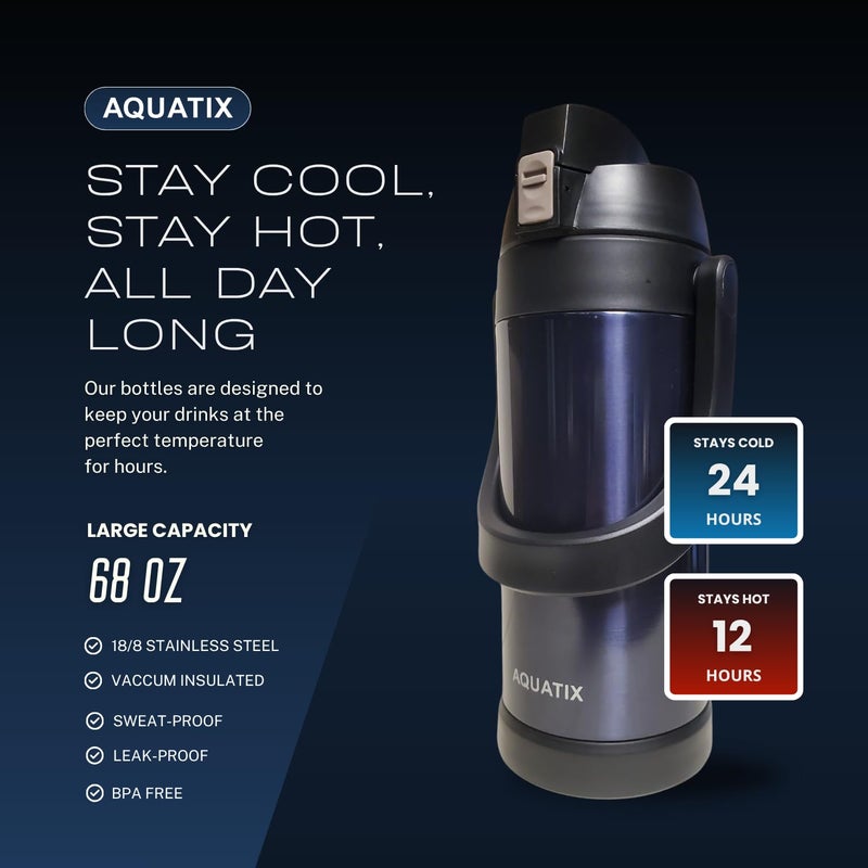 Aquatix Double Wall Insulated Extra Large XL Stainless Steel Sport thermos Bottle 68 ounce Midnight Blue - Image 1